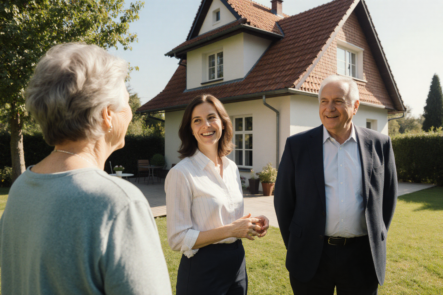 herzliche natürliche Immobilienbegegnung im offenen Garten vor normalem österreichischem Haus, alle Köpfe und plausible sichtbare Hände vollständig, schöne natürliche Farben und tatsächlicher Immobilienbezug