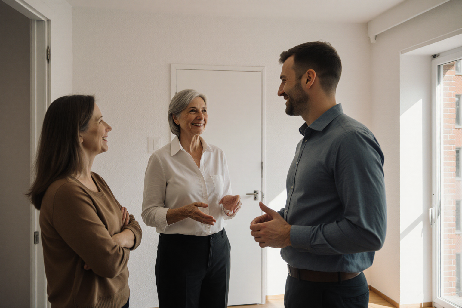 Eigentümerin, Interessent und Vermittlerin im Wohnungsgespräch